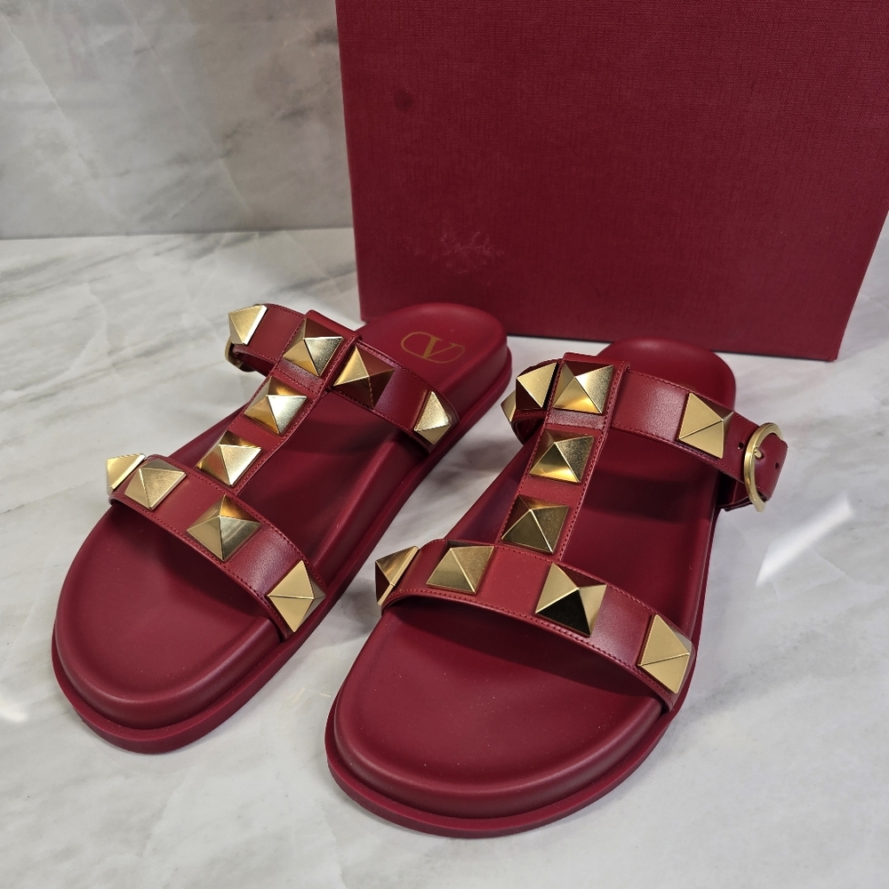 Valentino Garavani Roman Stud Red Sandals with Gold Studs